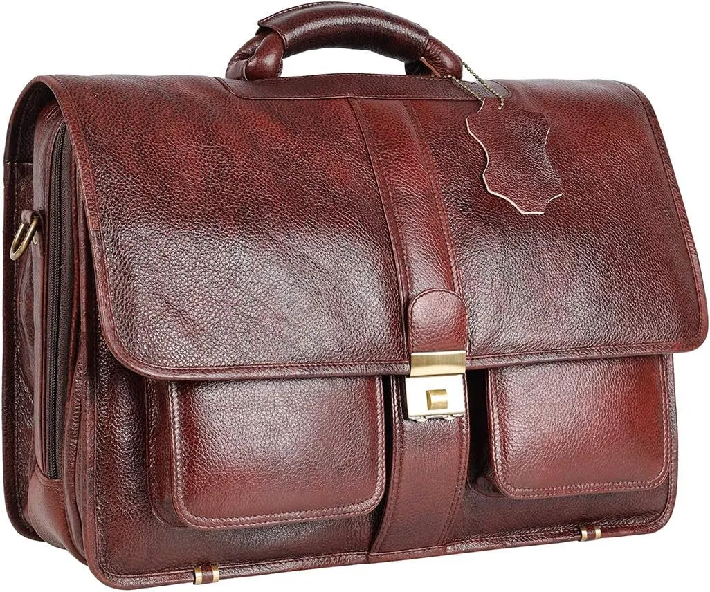 The Lorenzo 24 Liter's Capacity Leather Laptop Briefcase Office Bags for Men L-45.7 x H-35.6 x W-15.2 cm, BROWN, L-45.7 x H-35.6 x W-15.2 CM