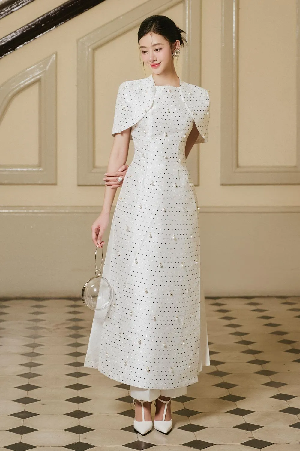 Thuy An A-line Square Neck Taffeta Silk Ankle Length Set