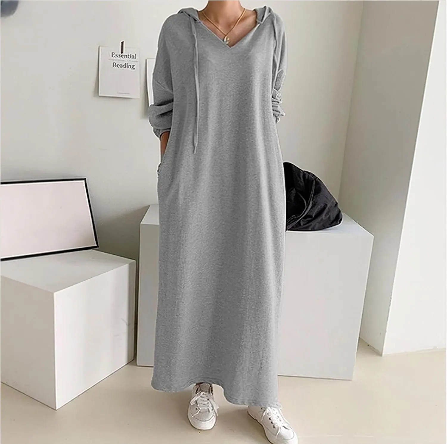 TIAFORD Womens Plush Pullover Oversized Sweatshirt for Women Casual Long Sleeve Drawstring Hoodie Maxi Dress with Pocket
