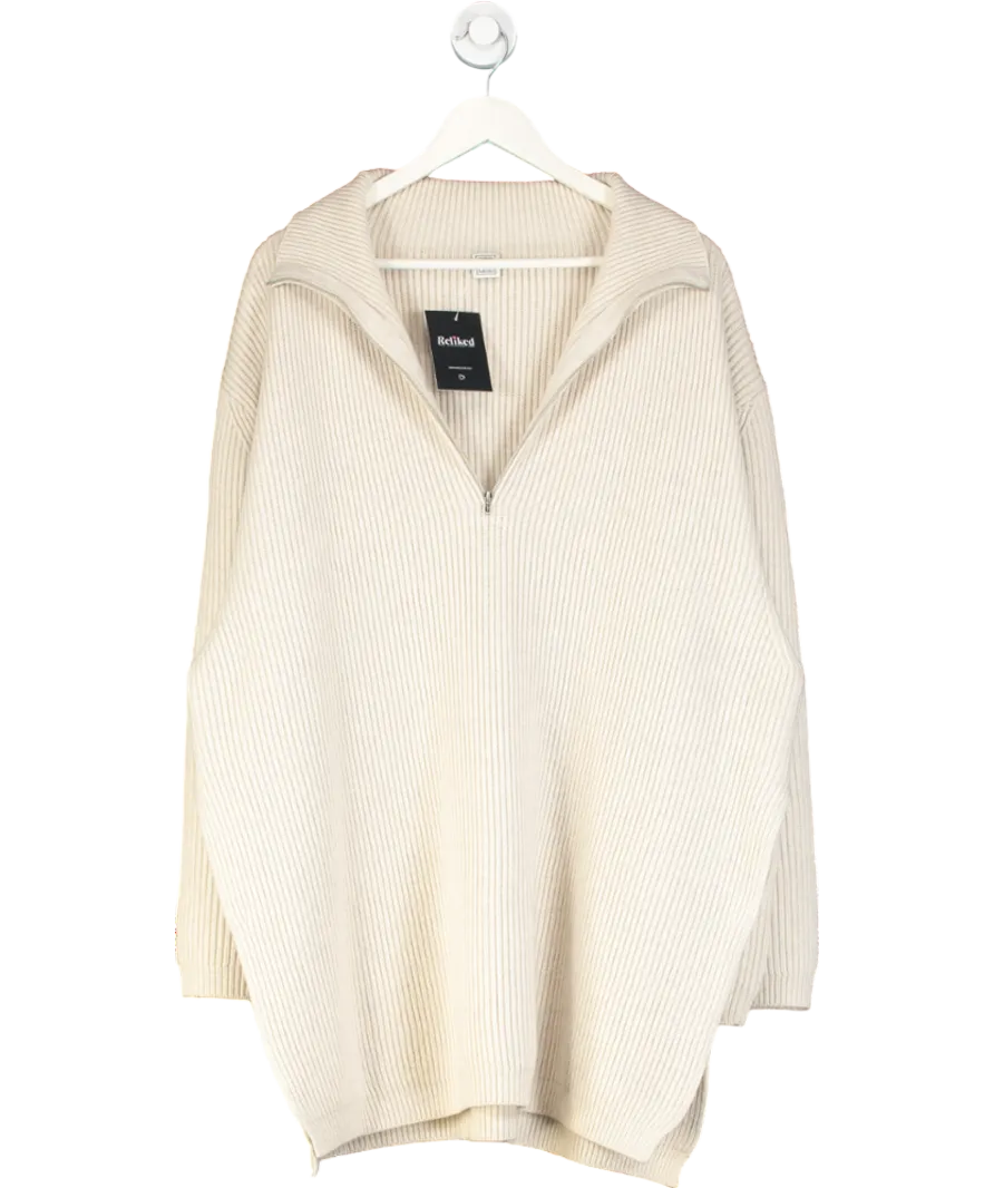 Totme Beige Oversized Zip-neck Ribbed Wool-blend Sweater UK S