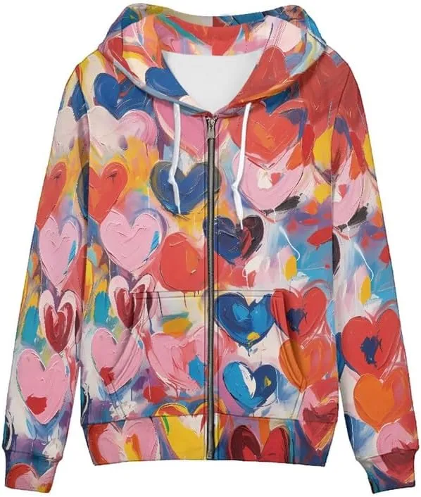 Valentine's Day Women Zip Up Hoodies Green Clover Casual Oversized Sweatshirts Rainbow Stripe Love Sweatshirt Hoodie