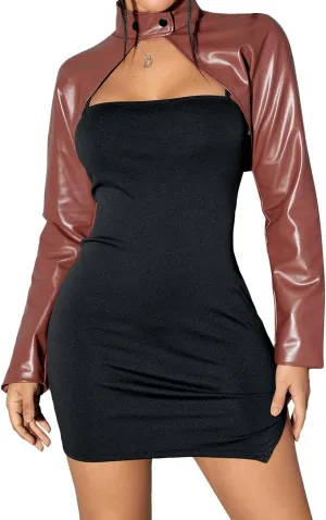 Verdusa Women's Cut Out Asymmetrical Mock Neck PU Leather Crop Jacket Shrug
