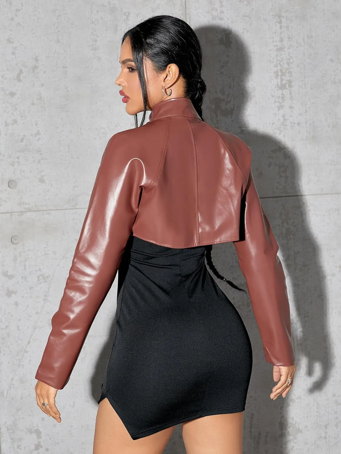 Verdusa Women's Cut Out Asymmetrical Mock Neck PU Leather Crop Jacket Shrug