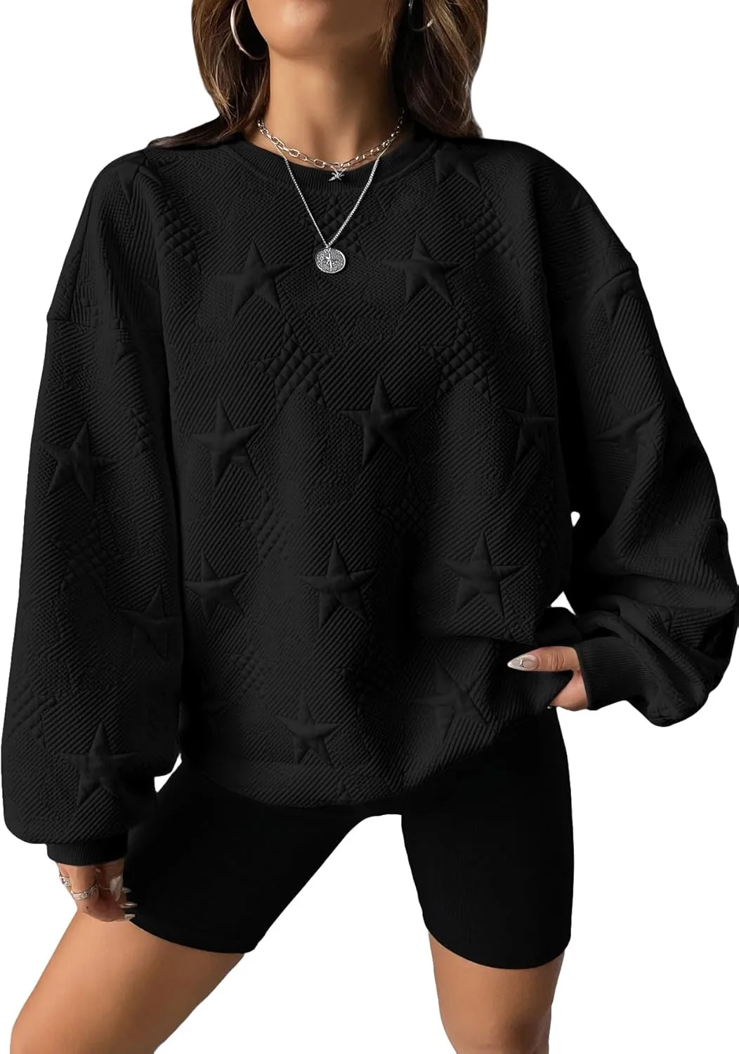 Verdusa Women's Oversized Sweatshirt Fall Outfits Embossed Long Sleeve Hoodies Crewneck Fashion 2024 Trendy Pullover Top