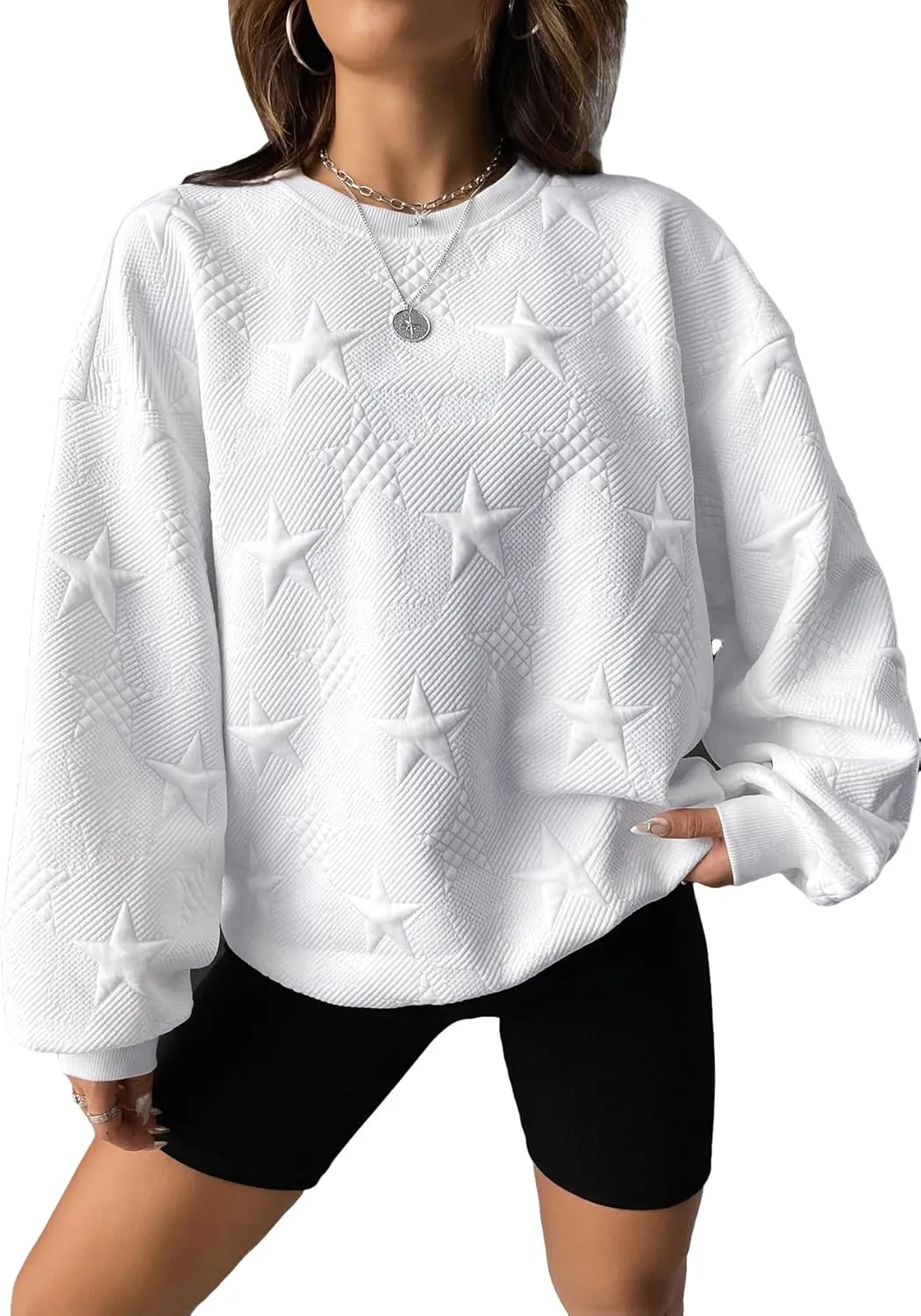 Verdusa Women's Oversized Sweatshirt Fall Outfits Embossed Long Sleeve Hoodies Crewneck Fashion 2024 Trendy Pullover Top