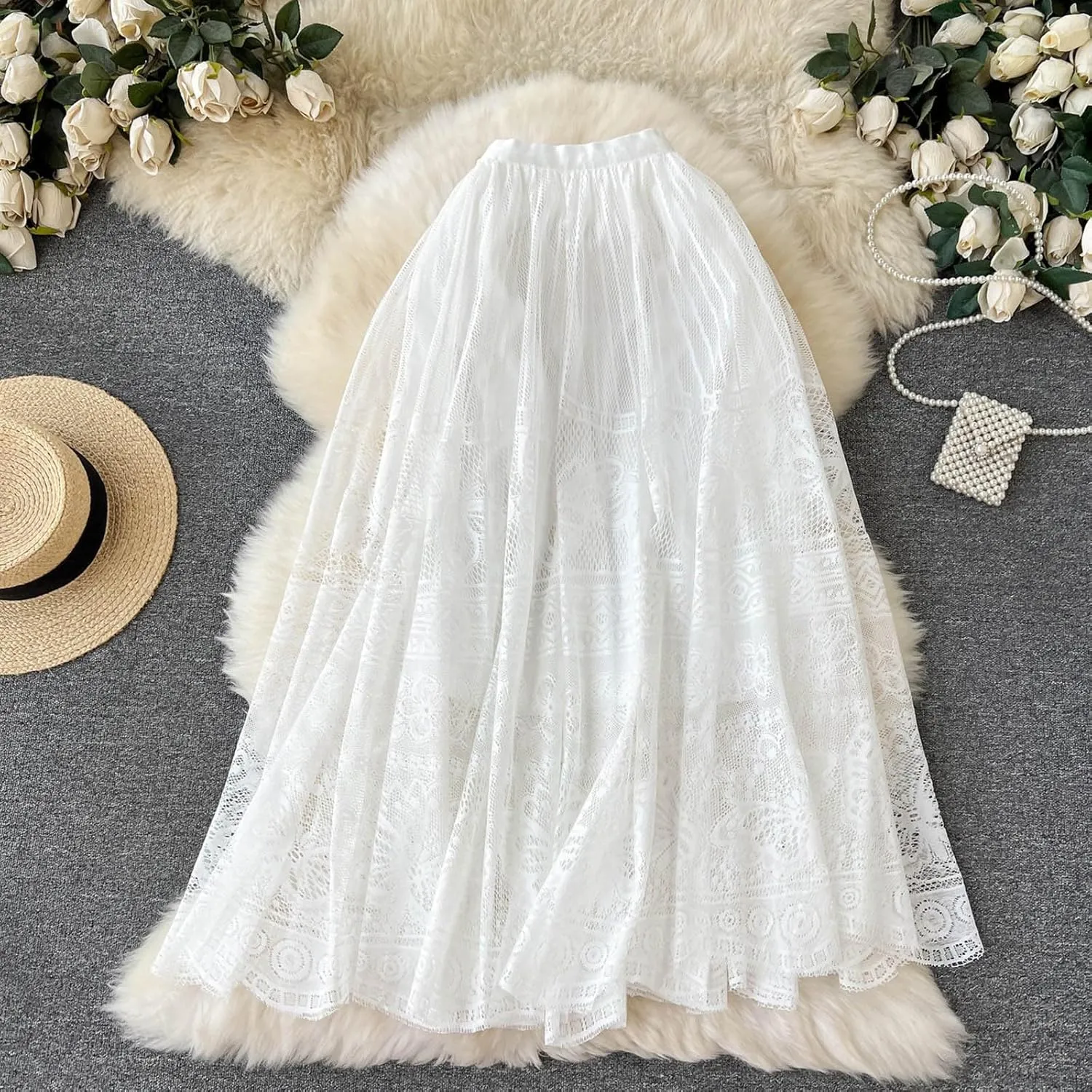 Vintage Mesh Midi Skirts for Women Fashion Embroidery High Waist A-Line Skirts Casual Pleated Flowy Half Skirts