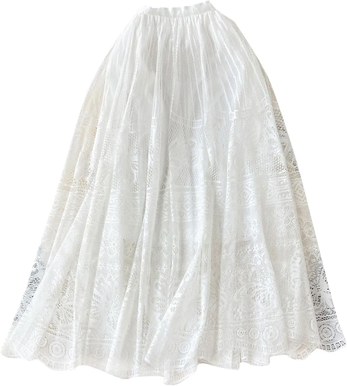 Vintage Mesh Midi Skirts for Women Fashion Embroidery High Waist A-Line Skirts Casual Pleated Flowy Half Skirts