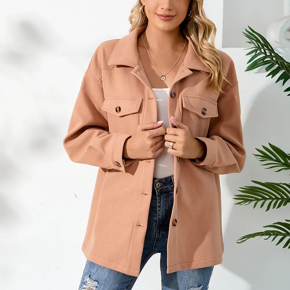 Warm Plush Single-Breasted Women Pocket Jacket Wholesale Coats