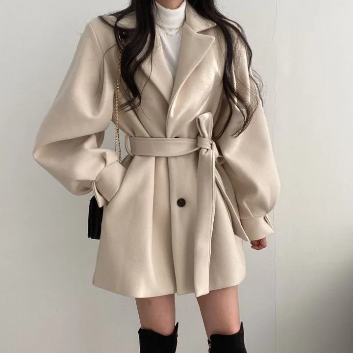 Warm Woolen Coat With Lantern Sleeves And Belt