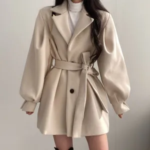 Warm Woolen Coat With Lantern Sleeves And Belt
