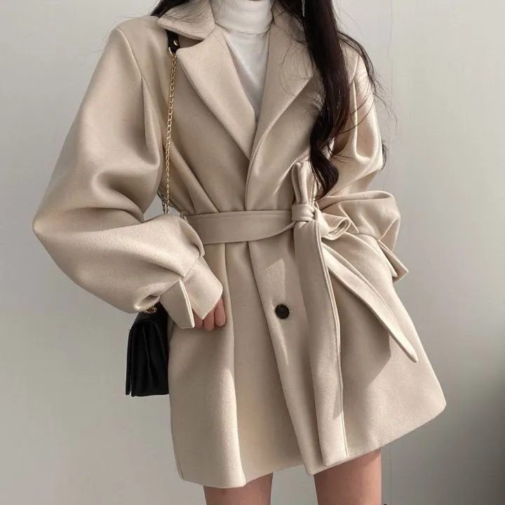 Warm Woolen Coat With Lantern Sleeves And Belt