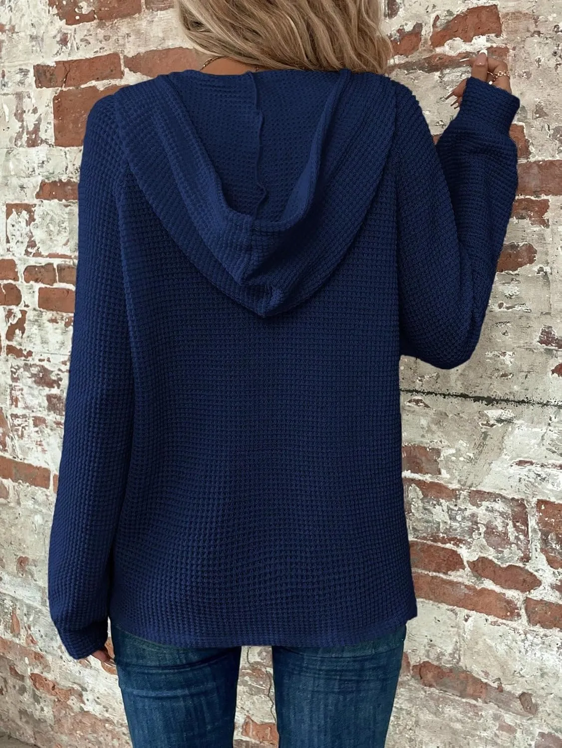 WDIRARA Women's Oversized Hoodies Waffle Knit Sweatshirt V Neck Button Up Hoodie Pullover