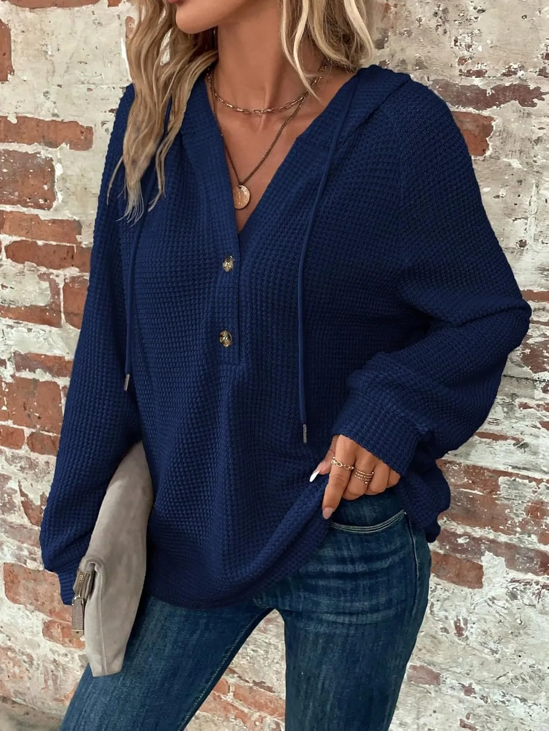 WDIRARA Women's Oversized Hoodies Waffle Knit Sweatshirt V Neck Button Up Hoodie Pullover