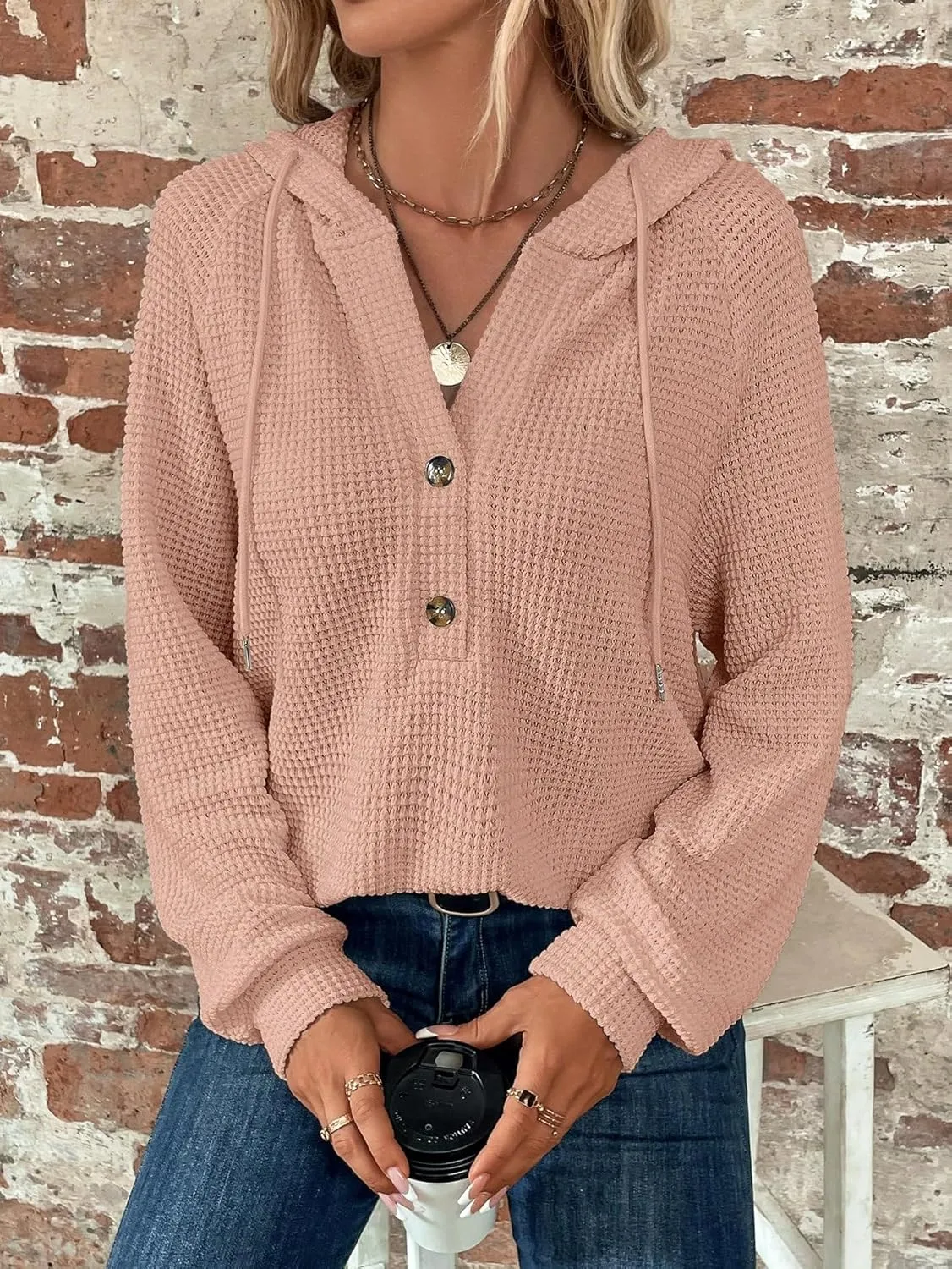 WDIRARA Women's Oversized Hoodies Waffle Knit Sweatshirt V Neck Button Up Hoodie Pullover