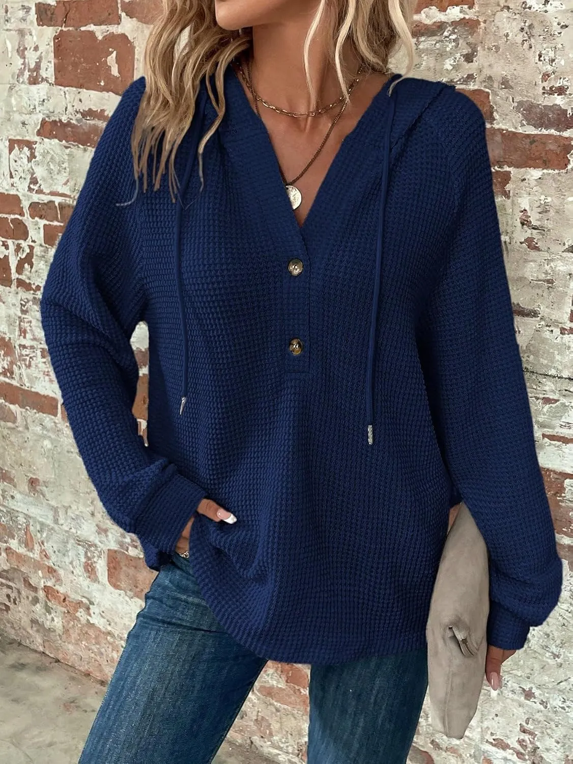 WDIRARA Women's Oversized Hoodies Waffle Knit Sweatshirt V Neck Button Up Hoodie Pullover