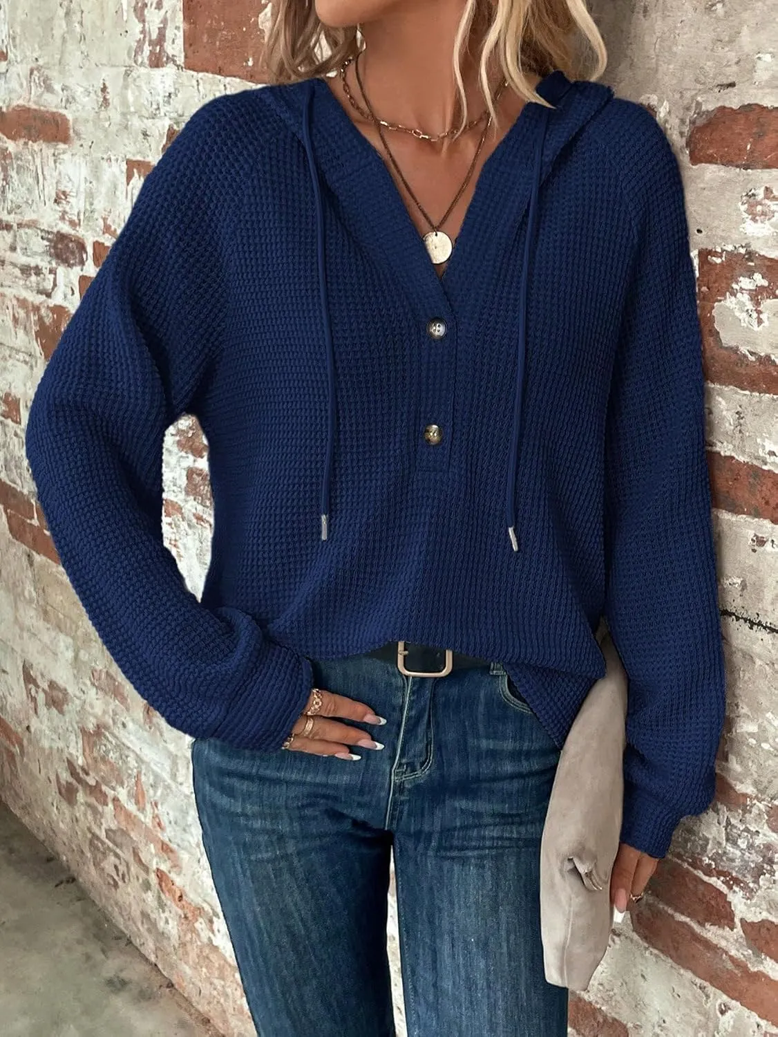 WDIRARA Women's Oversized Hoodies Waffle Knit Sweatshirt V Neck Button Up Hoodie Pullover