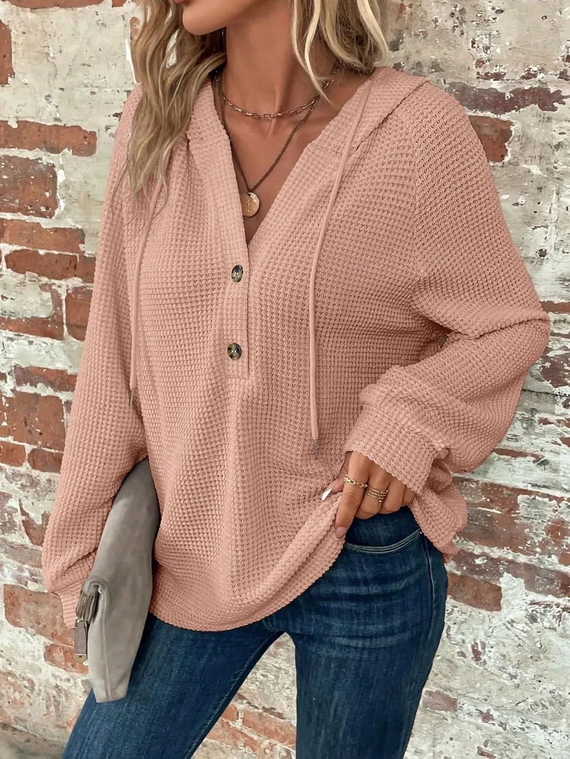 WDIRARA Women's Oversized Hoodies Waffle Knit Sweatshirt V Neck Button Up Hoodie Pullover