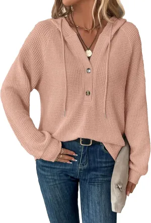WDIRARA Women's Oversized Hoodies Waffle Knit Sweatshirt V Neck Button Up Hoodie Pullover