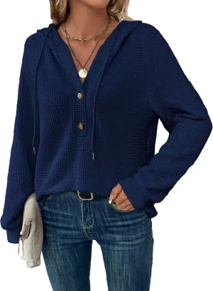 WDIRARA Women's Oversized Hoodies Waffle Knit Sweatshirt V Neck Button Up Hoodie Pullover