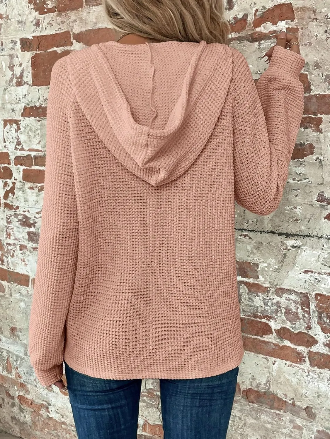 WDIRARA Women's Oversized Hoodies Waffle Knit Sweatshirt V Neck Button Up Hoodie Pullover