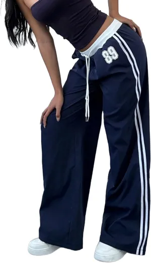 WDIRARA Women's Wide Leg Baggy Sweatpants Side Striped Number Graphic Track Pants with Pockets