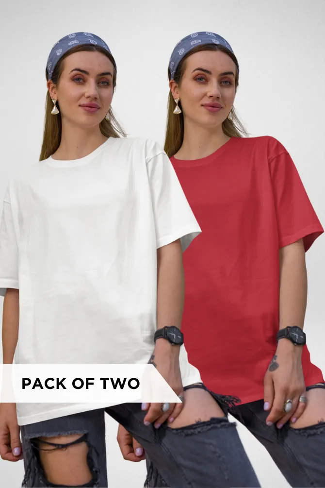 White and Red Oversized T-Shirts Combo for Women