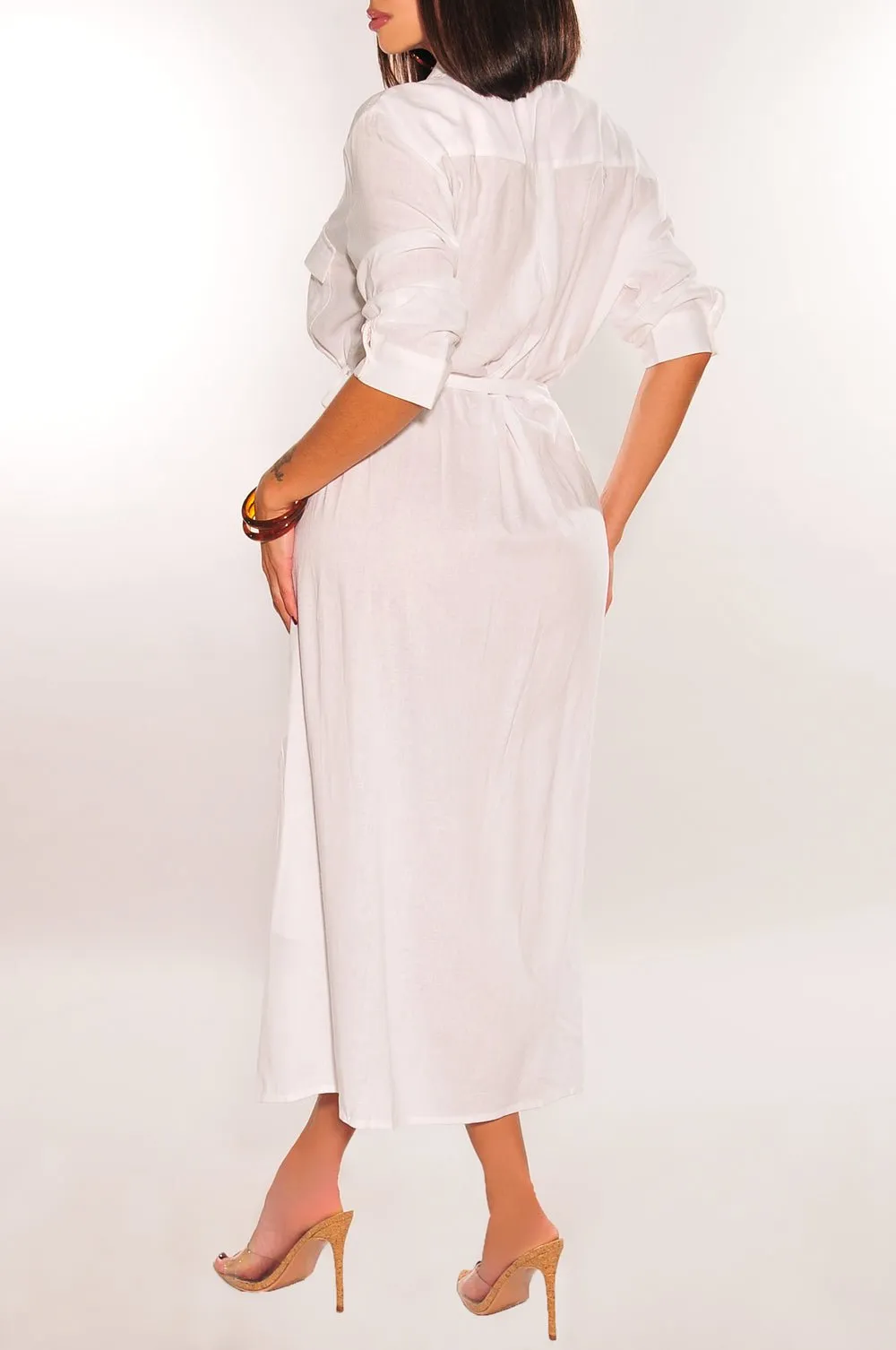 White Linen Mid Sleeve Collared Button Down Belted Dress