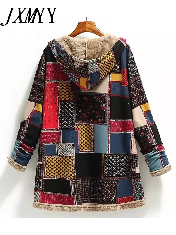 Winter Vintage Women's Coat Warm Printing Thick Fleece Hooded Long Jacket with Pocket