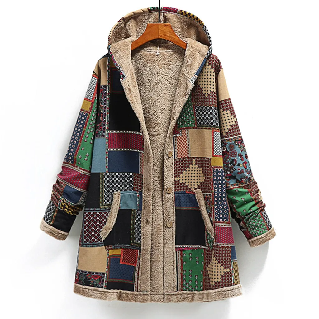 Winter Vintage Women's Coat Warm Printing Thick Fleece Hooded Long Jacket with Pocket
