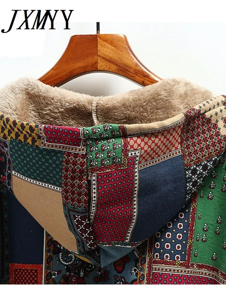 Winter Vintage Women's Coat Warm Printing Thick Fleece Hooded Long Jacket with Pocket