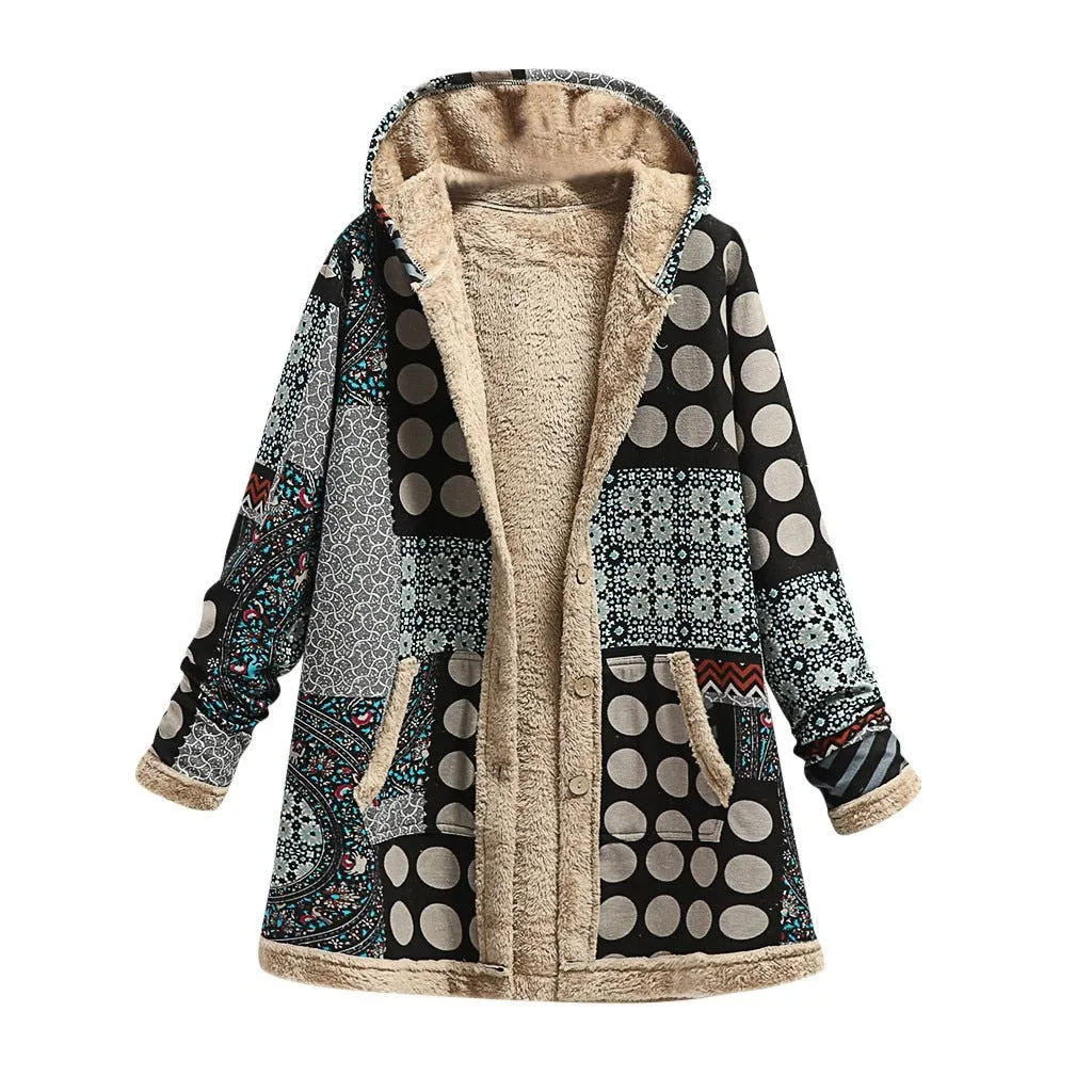 Winter Vintage Women's Coat Warm Printing Thick Fleece Hooded Long Jacket with Pocket