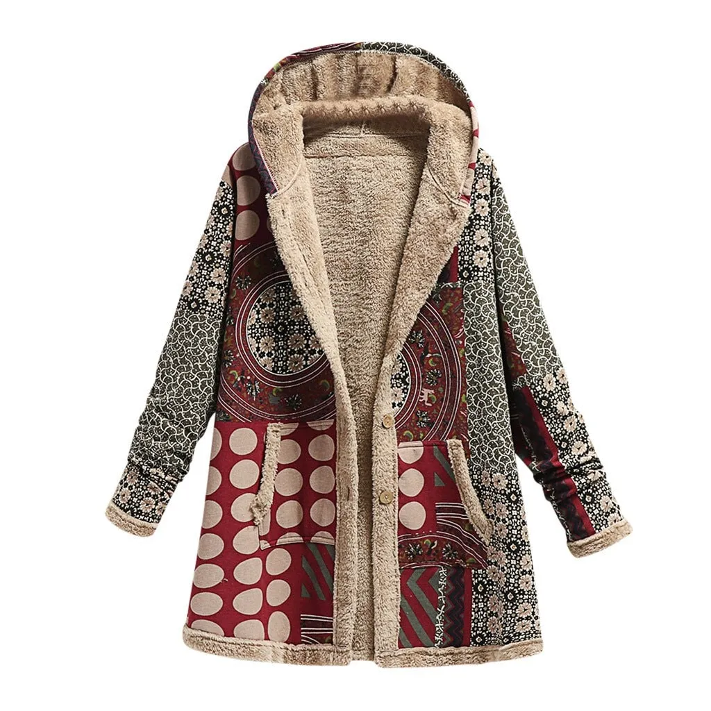 Winter Vintage Women's Coat Warm Printing Thick Fleece Hooded Long Jacket with Pocket