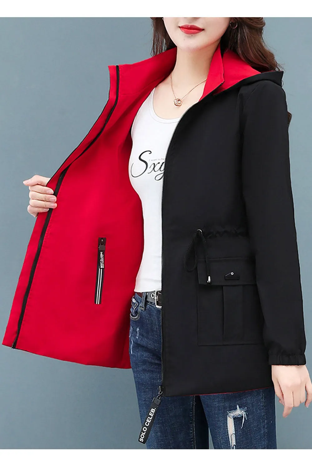Women Double Sided Hooded Neck Stretchable Cuff Drawstring Waist Side Flap Closure Pocket Warm Winter Casual Jacket - WCJK117711