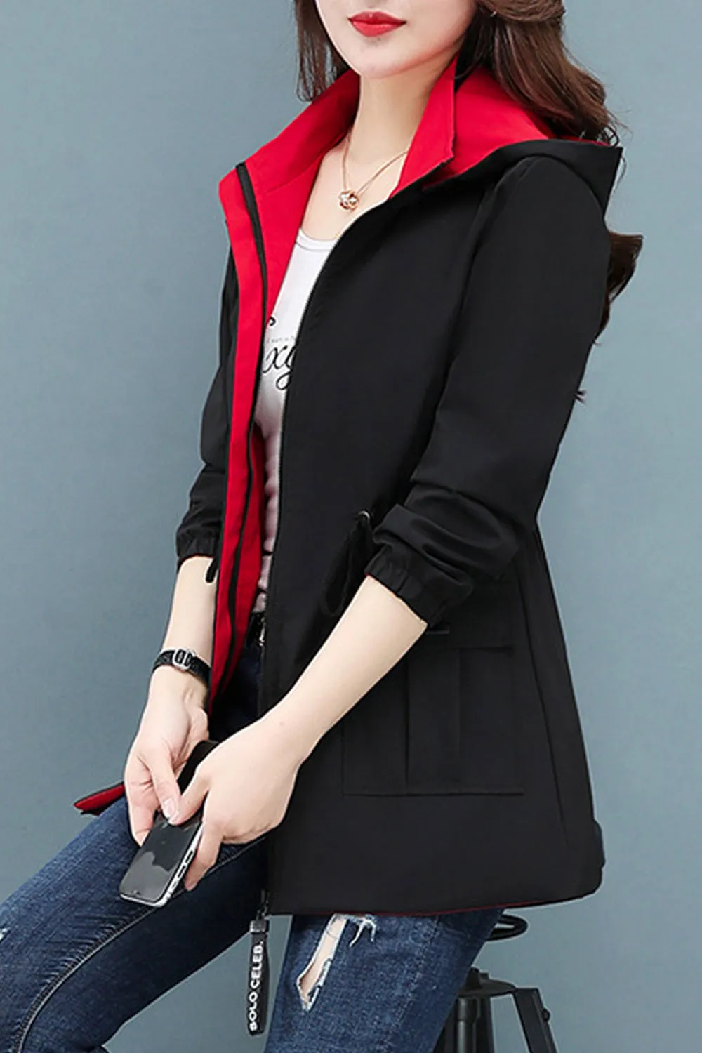Women Double Sided Hooded Neck Stretchable Cuff Drawstring Waist Side Flap Closure Pocket Warm Winter Casual Jacket - WCJK117711