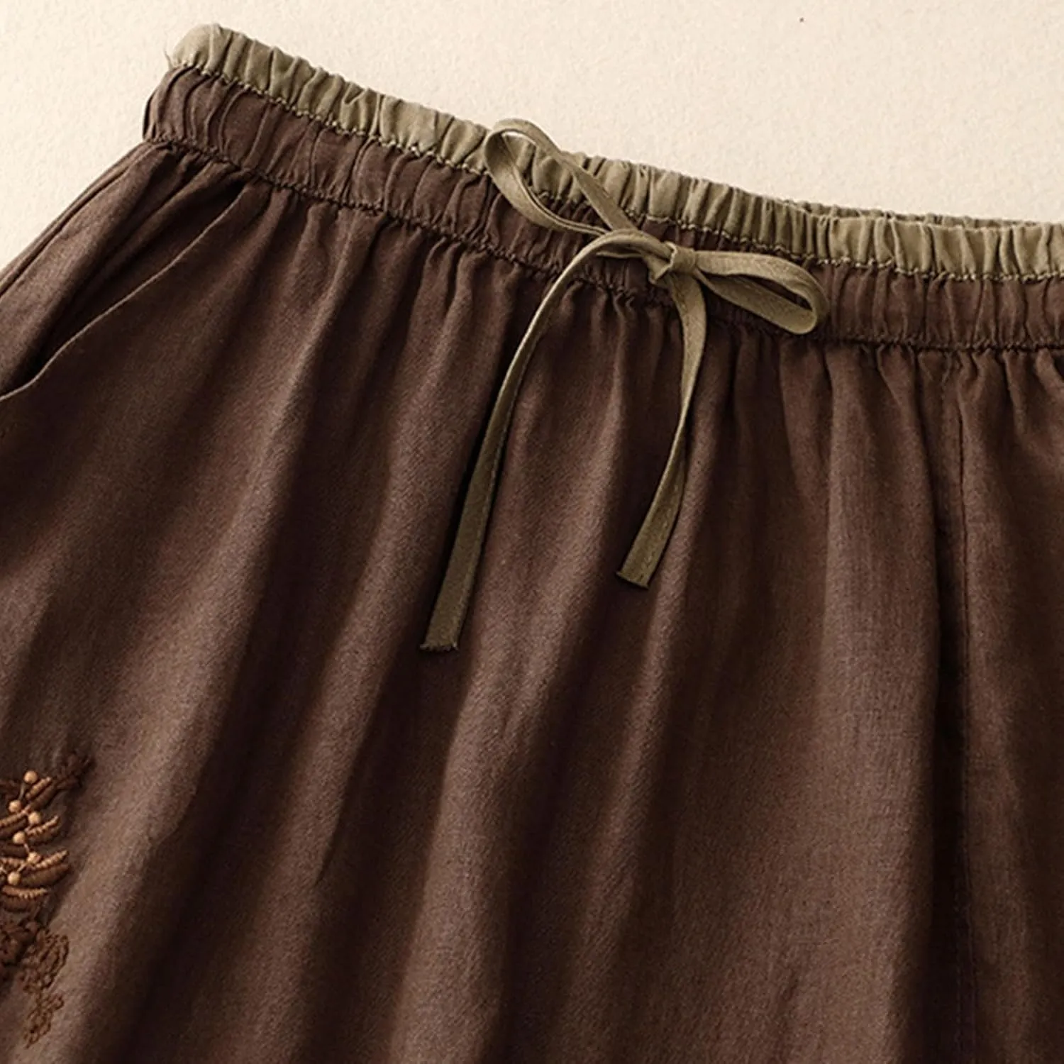 Women Floral Embroidered Midi Skirt Summer Cotton Linen Pleated A-Line Skirts Elastic High Waist Split Beach Skirt