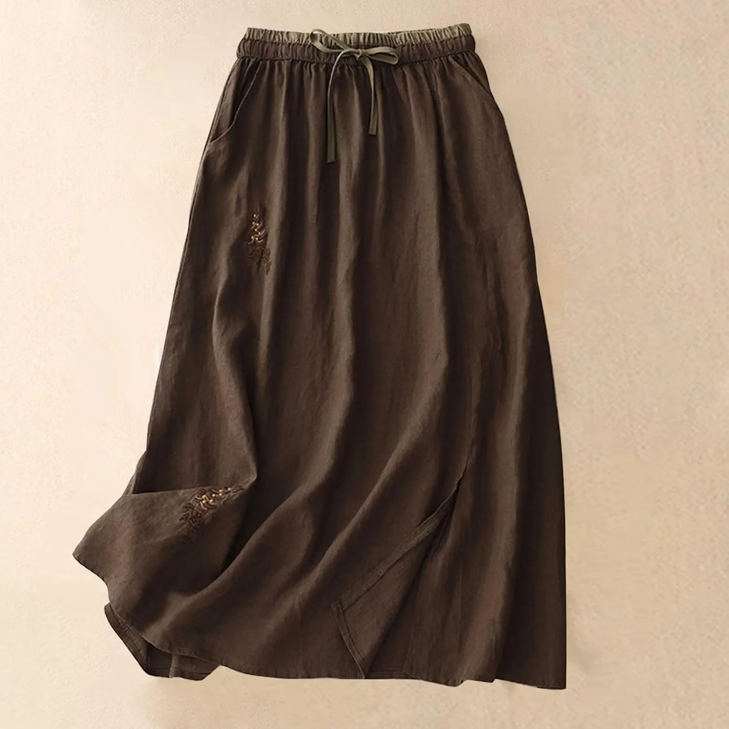 Women Floral Embroidered Midi Skirt Summer Cotton Linen Pleated A-Line Skirts Elastic High Waist Split Beach Skirt