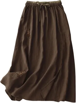 Women Floral Embroidered Midi Skirt Summer Cotton Linen Pleated A-Line Skirts Elastic High Waist Split Beach Skirt