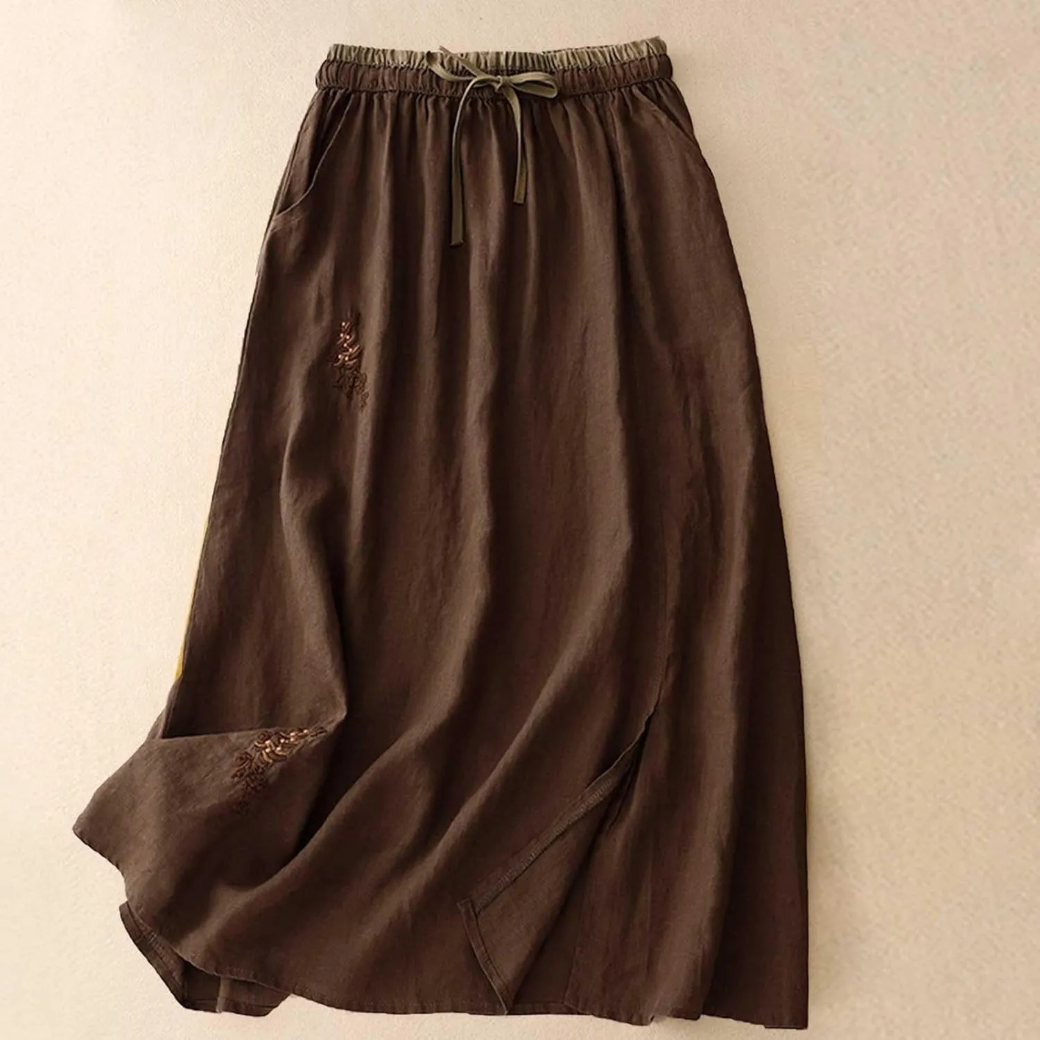 Women Floral Embroidered Midi Skirt Summer Cotton Linen Pleated A-Line Skirts Elastic High Waist Split Beach Skirt