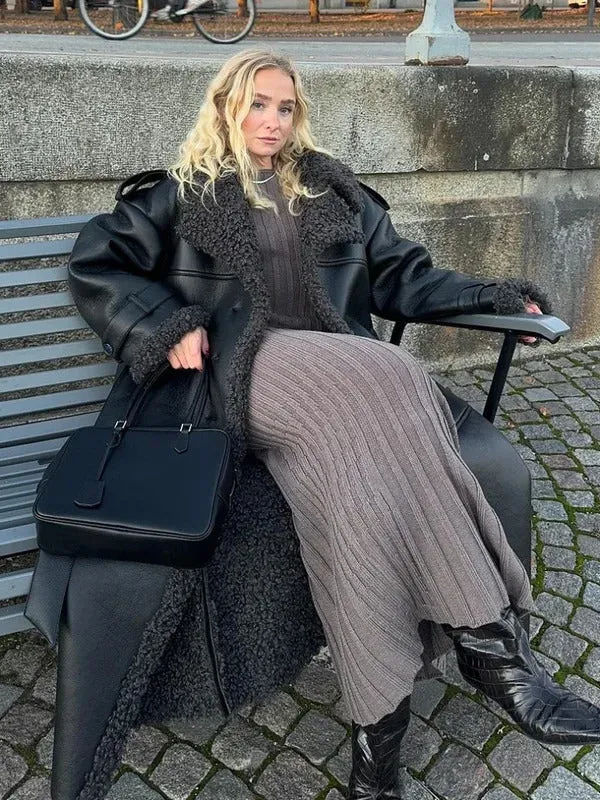 Women Luxury Long Sleeve Fur Splicing Leather Coats Fashion Lapel Oversized Warm Thicken Jacket 2024 Lady Cropped Street Outwear