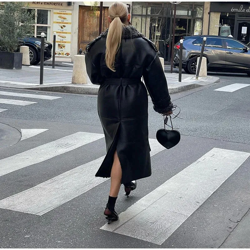 Women Luxury Long Sleeve Fur Splicing Leather Coats Fashion Lapel Oversized Warm Thicken Jacket 2024 Lady Cropped Street Outwear