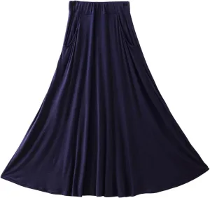Women Maxi Skirt High Waisted Solid Color Summer Casual Skirt Pleated Swing Beach Skirt with Pockets for Vacation