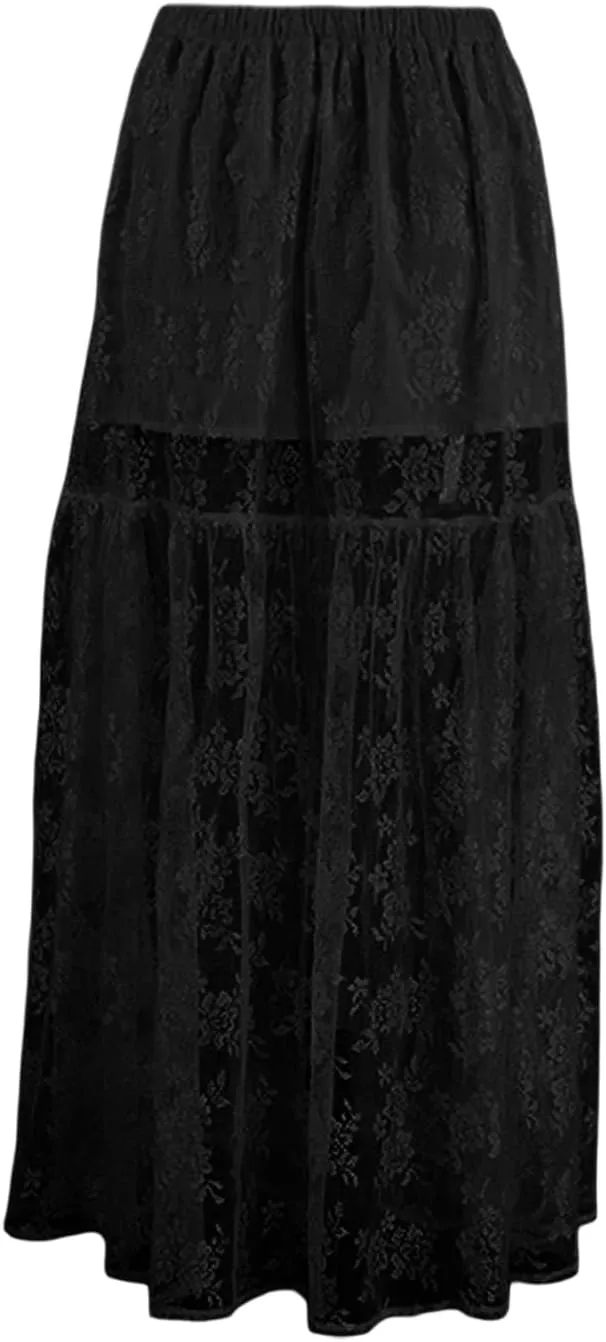 Women Sexy Lace Sheer Maxi Skirt Elastic Waist A-line See Through Y2k Long Skirts Summer Elegant Beach Party Skirts