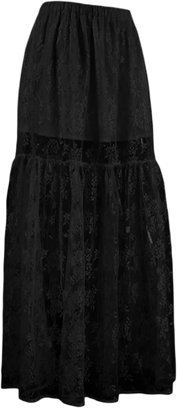 Women Sexy Lace Sheer Maxi Skirt Elastic Waist A-line See Through Y2k Long Skirts Summer Elegant Beach Party Skirts