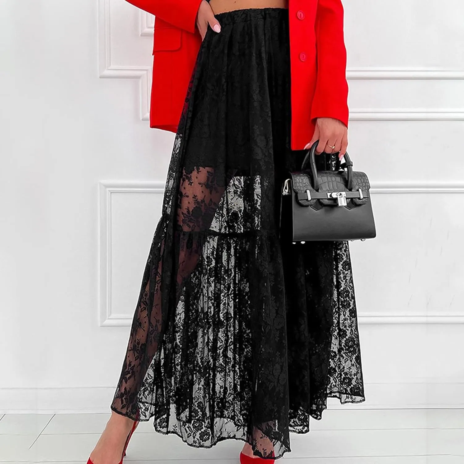 Women Sexy Lace Sheer Maxi Skirt Elastic Waist A-line See Through Y2k Long Skirts Summer Elegant Beach Party Skirts