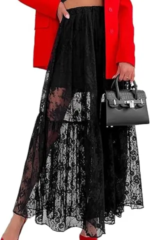Women Sexy Lace Sheer Maxi Skirt Elastic Waist A-line See Through Y2k Long Skirts Summer Elegant Beach Party Skirts