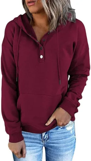Women's Button Down Drawstring Hooded Pullover V-Neck Long Strap Kangaroo Pocket Oversized Hoodie