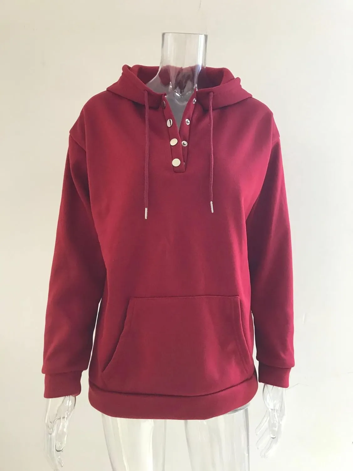 Women's Button Down Drawstring Hooded Pullover V-Neck Long Strap Kangaroo Pocket Oversized Hoodie