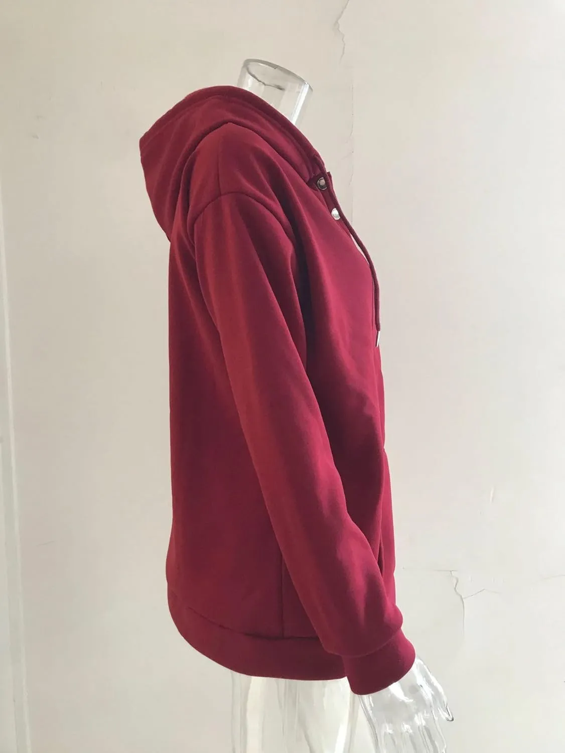Women's Button Down Drawstring Hooded Pullover V-Neck Long Strap Kangaroo Pocket Oversized Hoodie