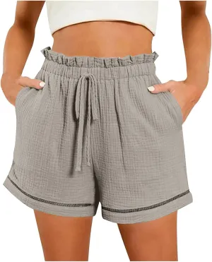 Womens Casual Shorts Cotton High Waist 2024 Solid Color Beach Cruise Shorts Comfy Loose Fit Summer Lounge Pants with Pockets