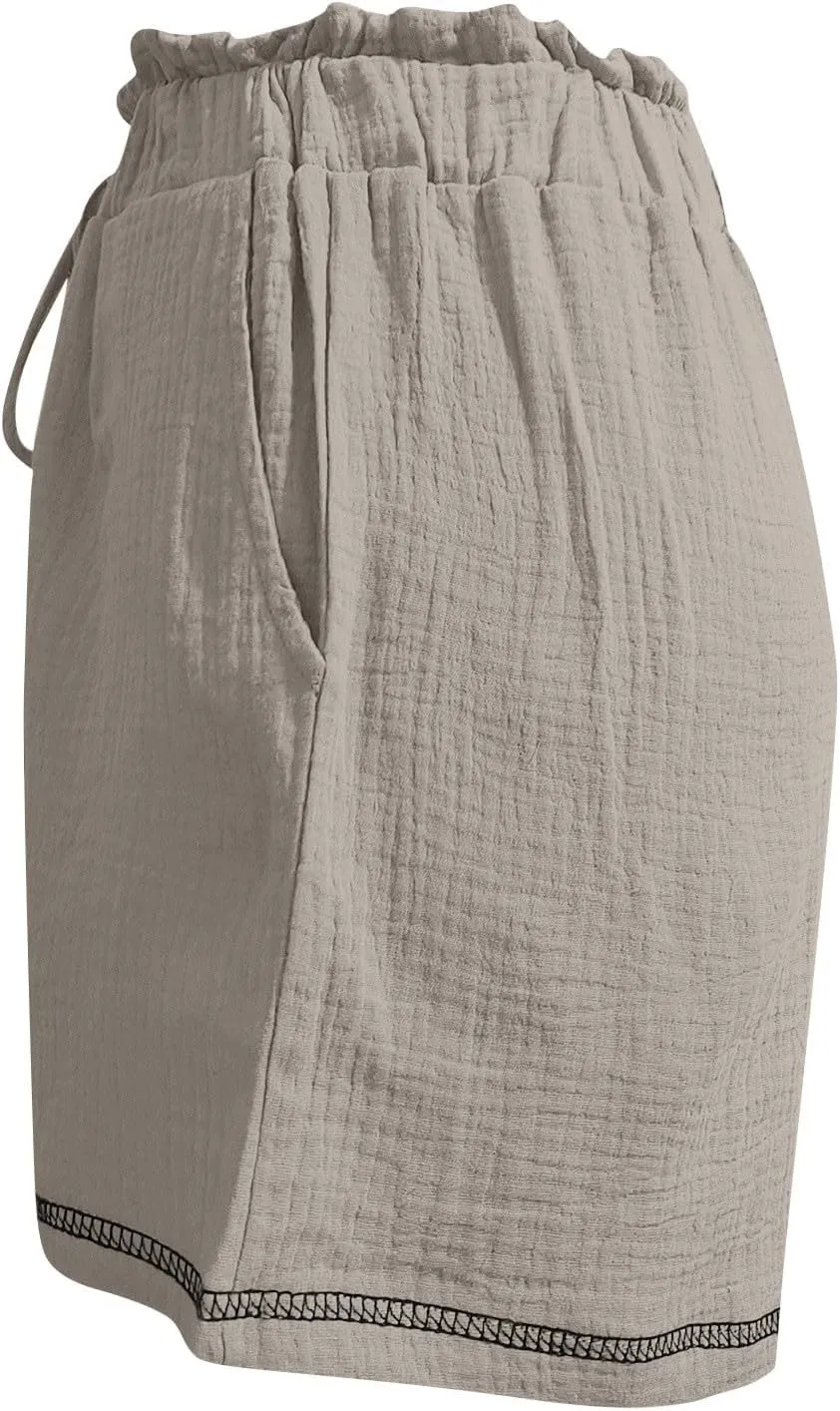 Womens Casual Shorts Cotton High Waist 2024 Solid Color Beach Cruise Shorts Comfy Loose Fit Summer Lounge Pants with Pockets